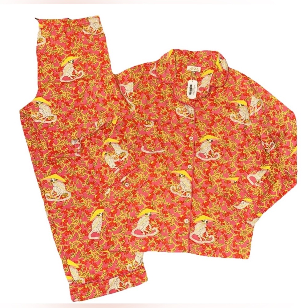 Jayes Studio Women’s XL Pajamas Full Set Long Sleeve Mandarin Monkey Pink Orange